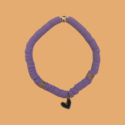 Black Heart Charm & Lavender Clay Disc Bracelet