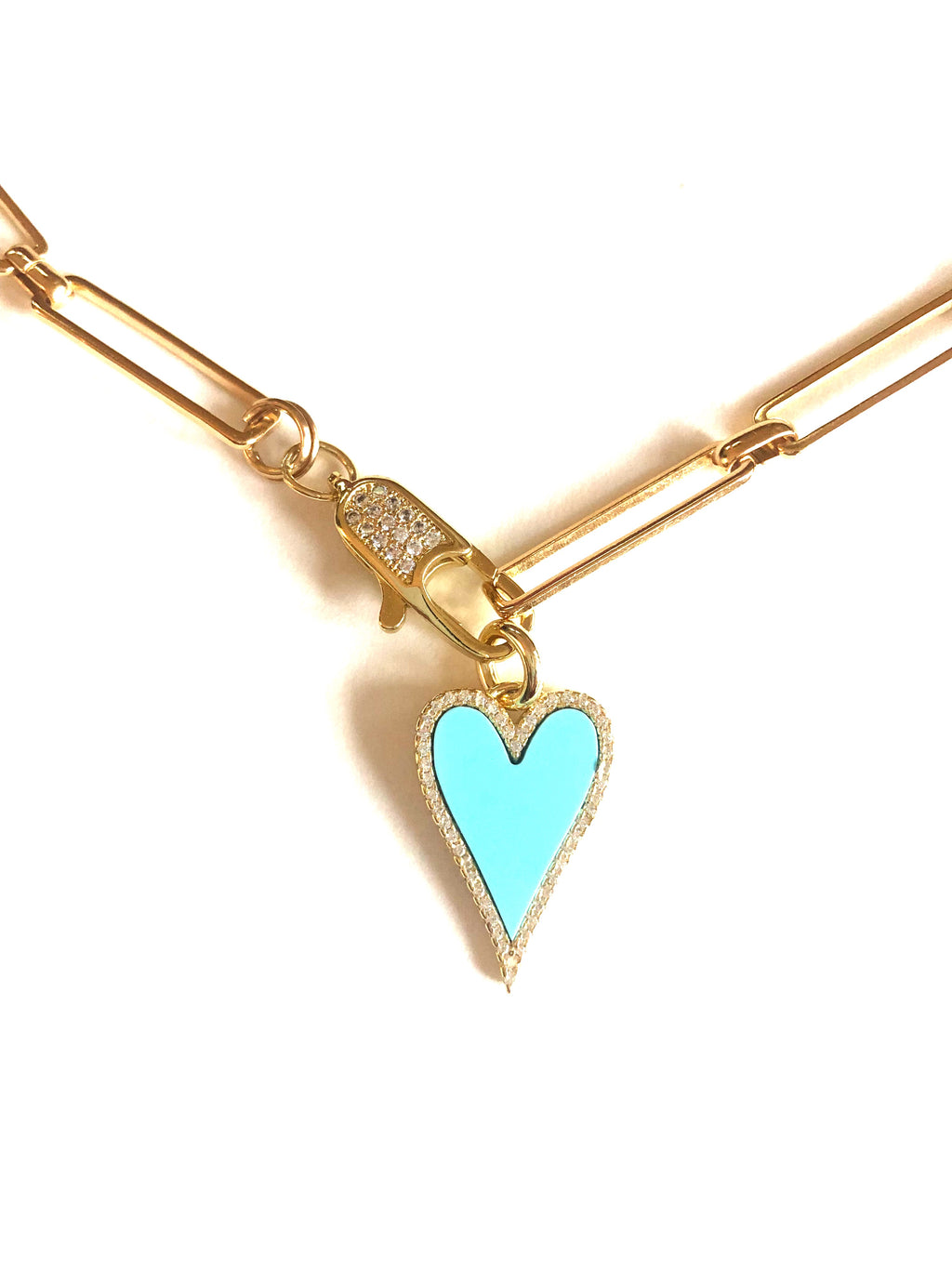 Pave Turquoise Heart Charm & Gold Paper Clip Chain Necklace