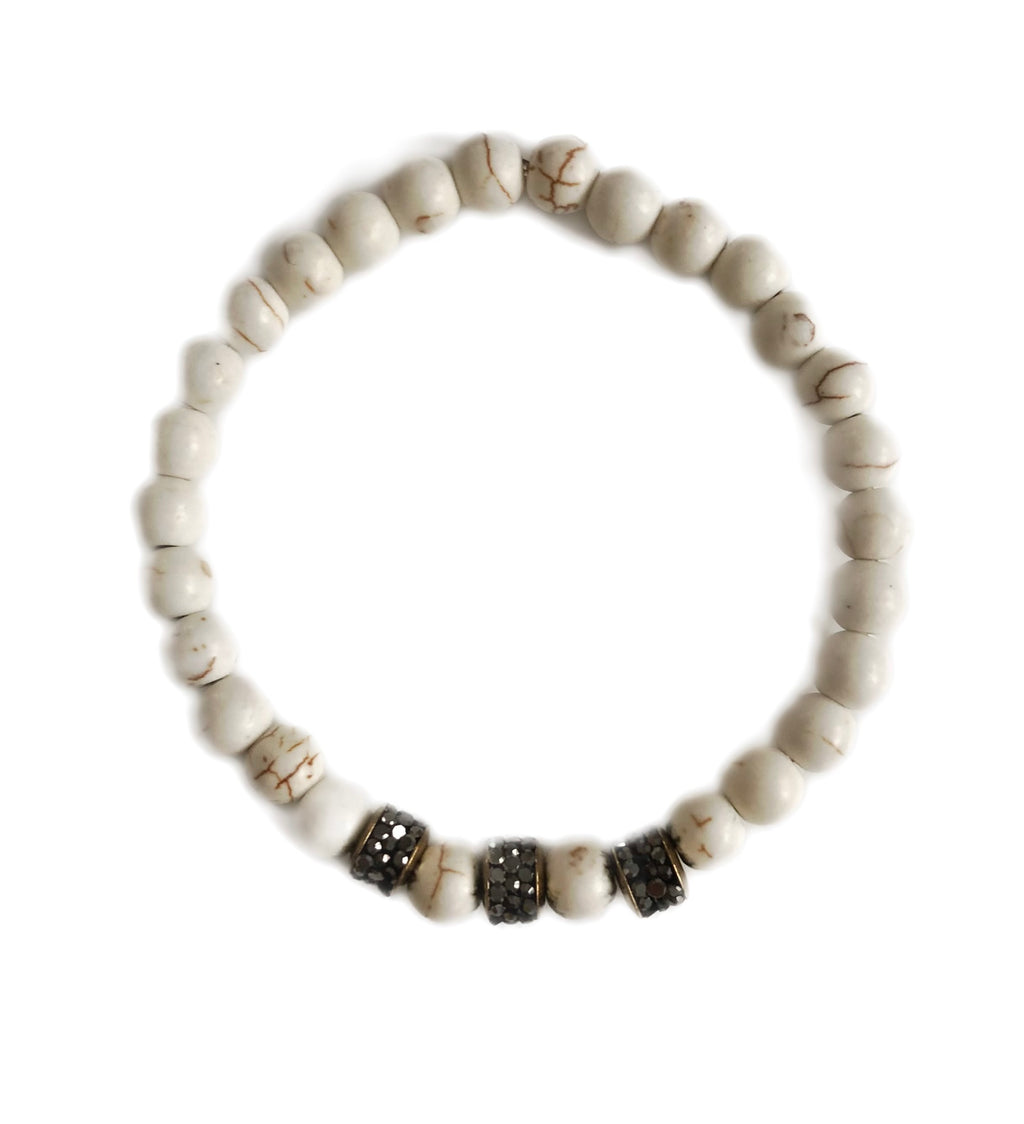 White Turquoise 6mm beads & Pave oblong Ball Bracelet