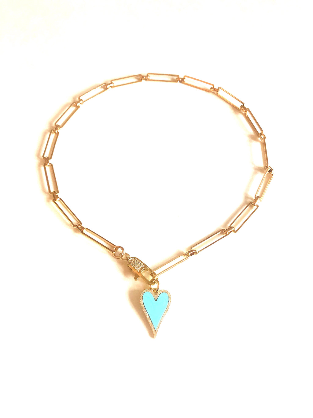 Pave Turquoise Heart Charm & Gold Paper Clip Chain Necklace